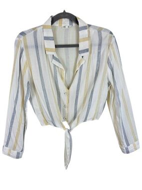LUNIK Striped Lightweight Cropped Collared Button Up Tie Front Blouse‎ Size M